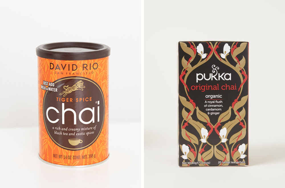 Chaipoeder van David Rio en chai theezakjes van Pukka