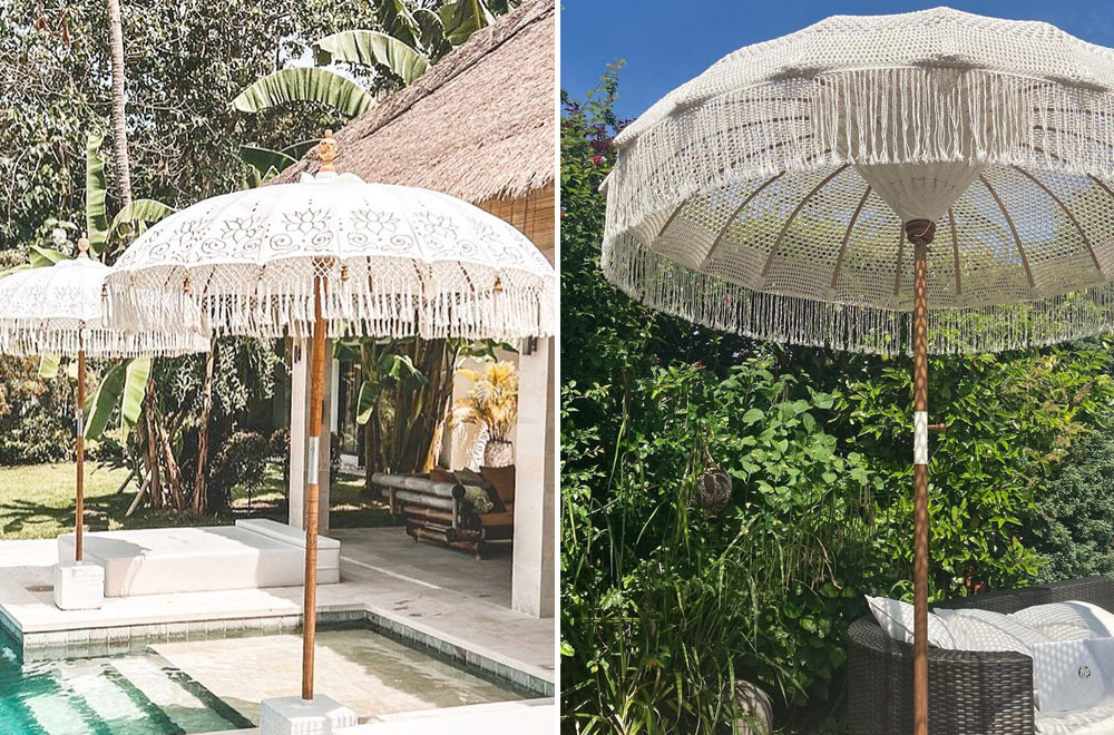 Links: geweldige Bali-parasol van Simply Pure en rechts: parasol van macramé, gespot op Etsy.com