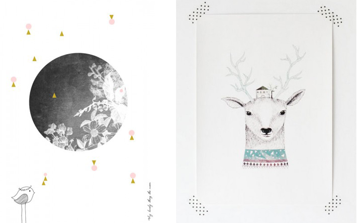 Links poster 'The Moon' en rechts 'Deer' van Printedstories.nl